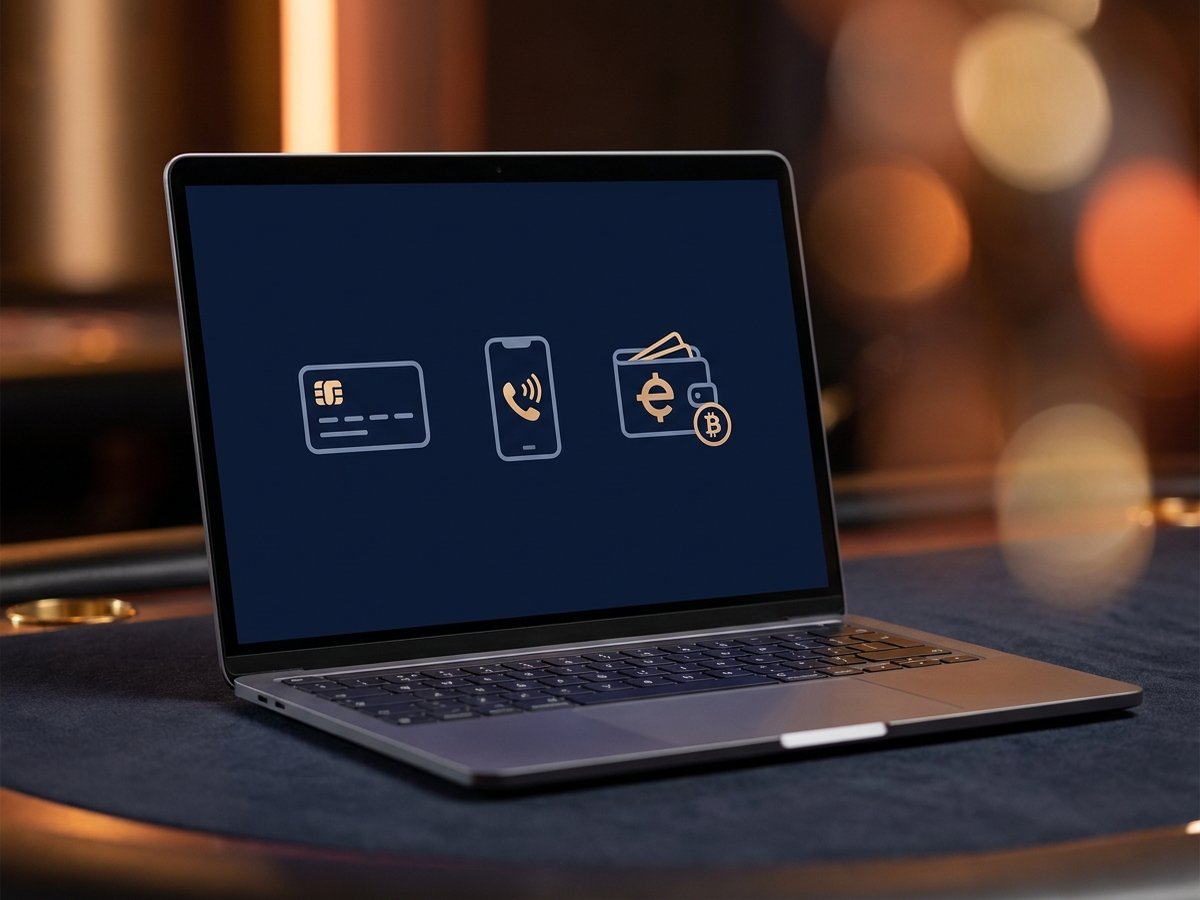 laptop képernyőn bankkártya, telefon és pénztárca ikon, fizetési módok szemléltetése
