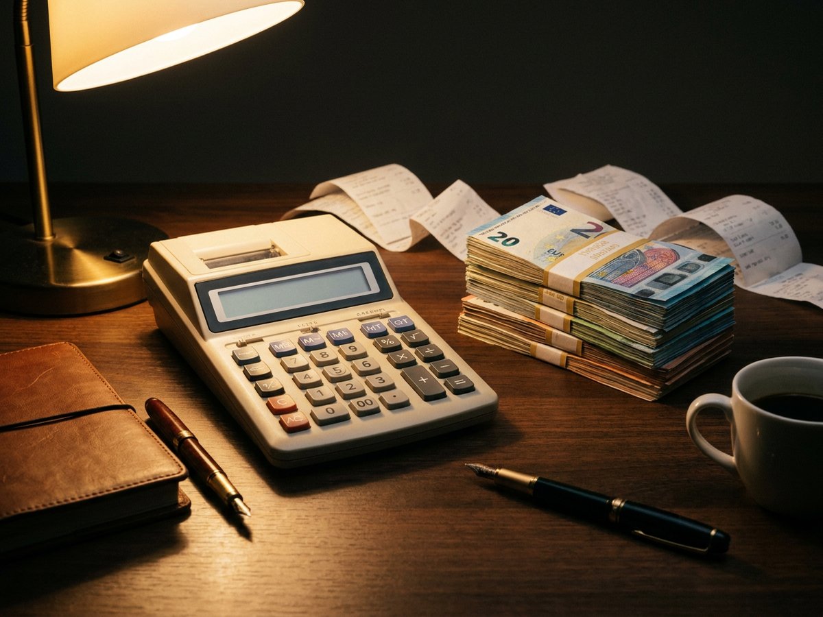 számológép, számla és euró bankjegyek íróasztalon, elszámolás szemléltető fotó